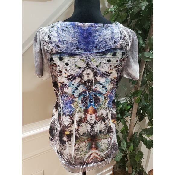 One World Live And Let Live Blouse Top Women Medium Multi Beaded Butterfly Print - Picture 4 of 14